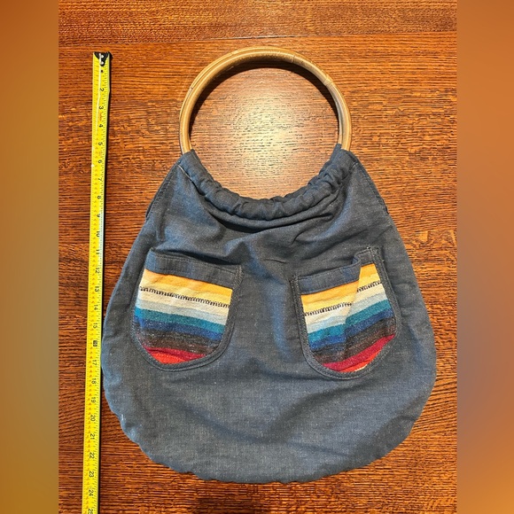 Vintage denim Knapp Sacs California round bamboo handle hobo bag 70s - Picture 2 of 6
